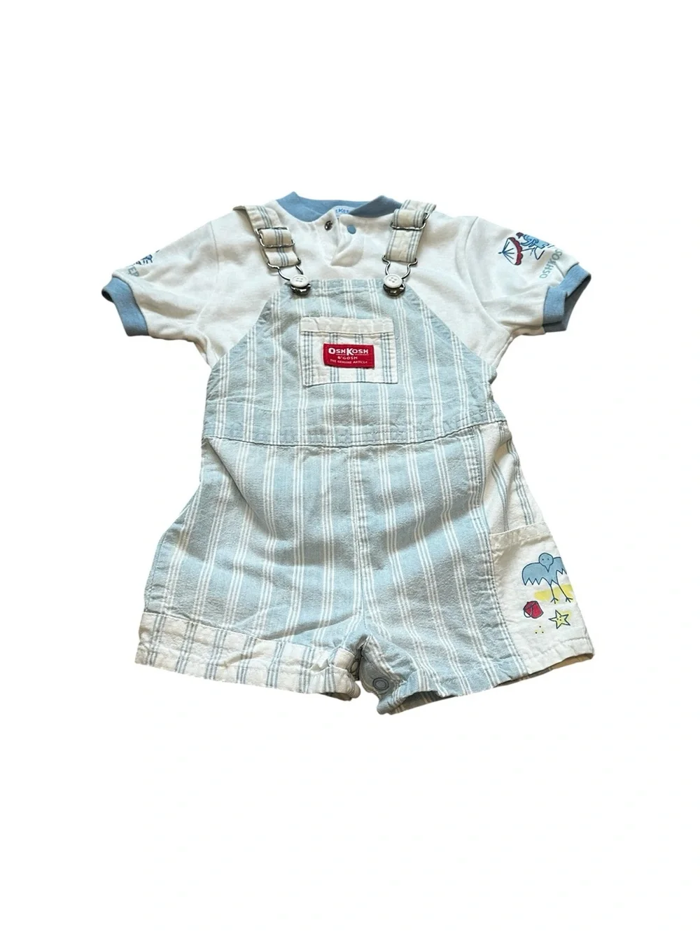 Vintage 70s OshKosh B’Gosh Overalls Shorts Set Blue Striped Matching T-Shirt